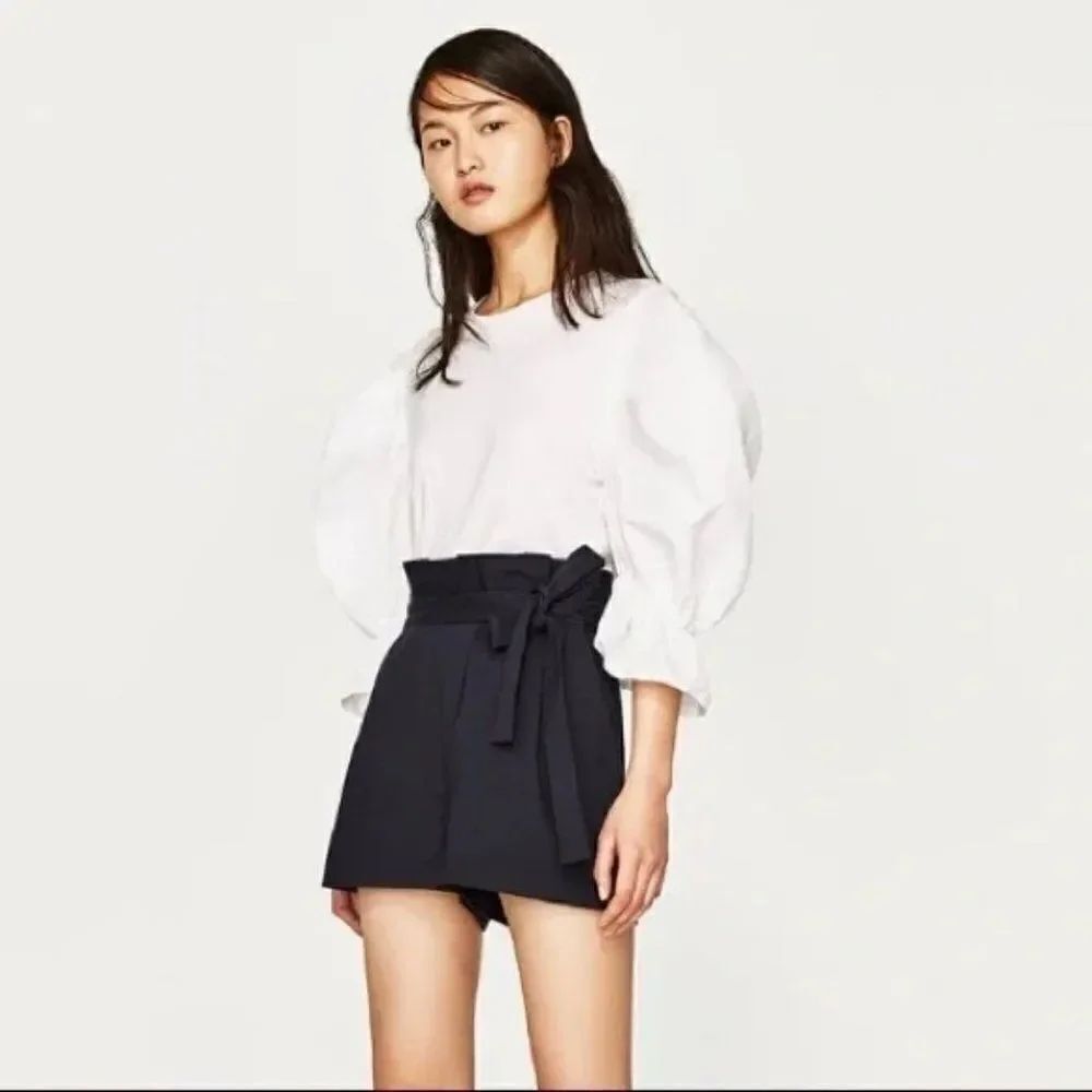 Zara Trafaluc Navy Blue Paper Bag Stretch Pocket Tie Shorts Size Small